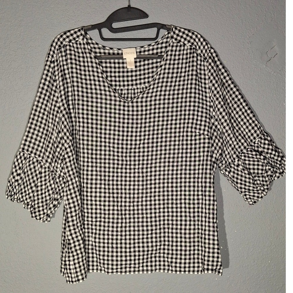 Chicos Black White Gingham V-Neck Ruffle Sleeve Blouse Top Size 3 XL
